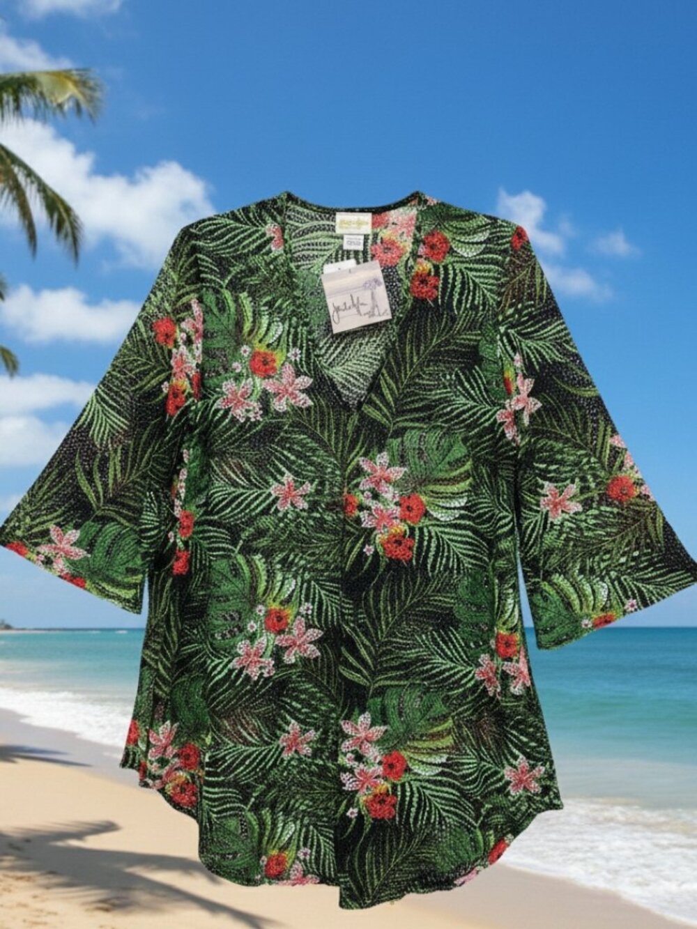 JORDAN TAYLOR* TROPICAL PALM MESH* TUNIC BEACH COVER-UP BELL SLEEVES* SIZE: M